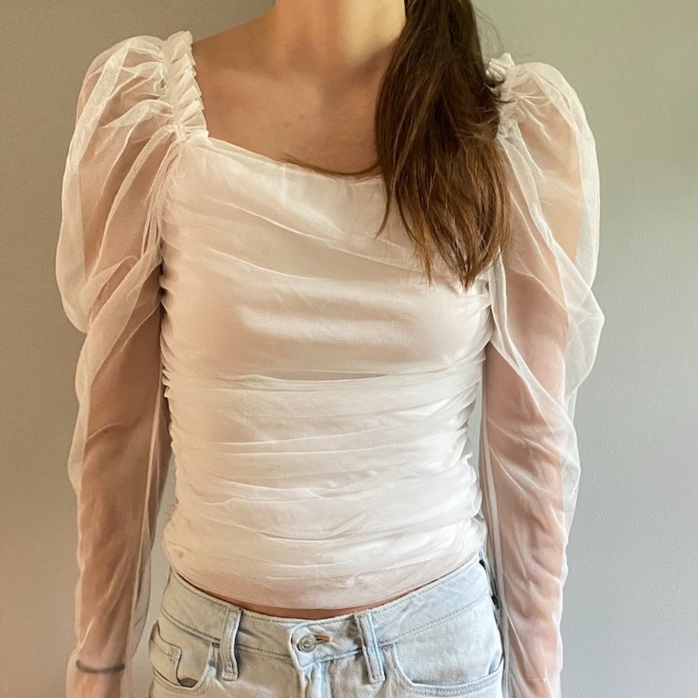 White Tulle Ruched Top